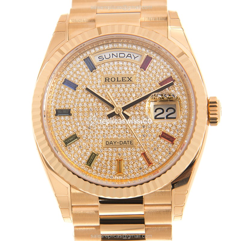 Rolex DAY-DATE Replica - Automatic - 18kt Gold Case - Silver Dial, Gold Strap
